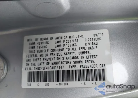 2012 Honda Accord 2.4 Lx-P из США, поврежденный, VIN 1HGCP2F41CA014147